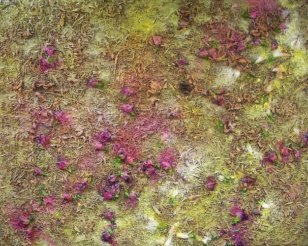 Thanatopraxy1 oil, enamel and spray paint on vegetal matter on board 122x152cm<br class=