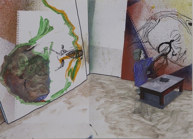 Old Man in the Shadow, 2013<br/>oil, marker, ink and oil pastel on paper<br/>520 x 722mm<br/>